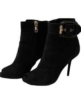 Burberry Black Suede Peep-Toe Ankle Boots with Gold Buckle